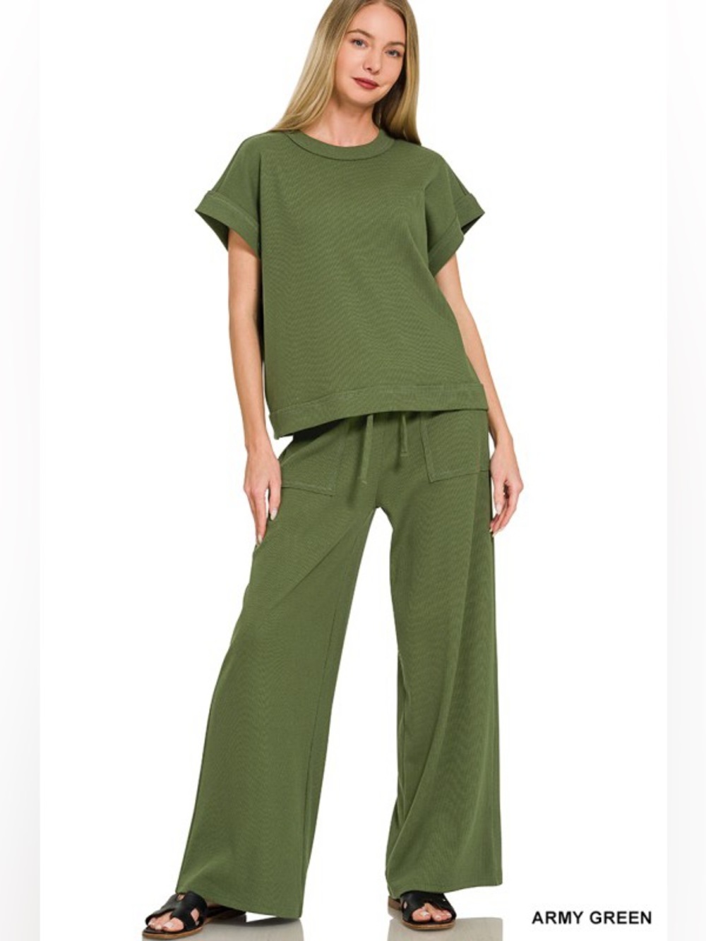 NWT Zenana Ribbed Thick Short Sleeve Army Green Tee & Pants Set